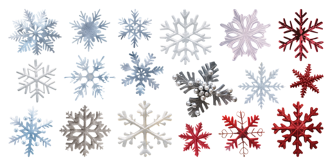 Set of isolated snowflakes on a transparent background for ornamental Christmas and New Year party decoration elements.