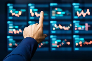 Fototapeta premium Sustainability and project funding business investment concept. A person points at a colorful financial data display, showcasing graphs and metrics related to market analysis.