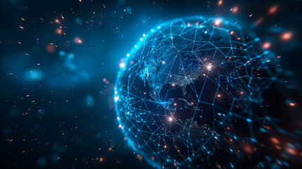 Obraz premium Digital representation of Earth highlighting data connections throughout the globe. Generative AI