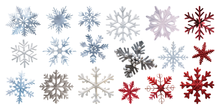 Set of isolated snowflakes on a transparent background for ornamental Christmas and New Year party decoration elements.