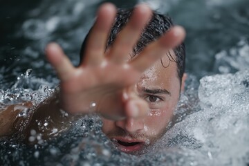 Fototapeta premium An intense scene captures a man in deep water with a focused expression, frantically extending his hand, portraying an urgent call for help and survival.