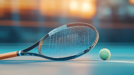 Tennis racket and ball are lying on the court at sunset, creating a vibrant and exciting scene that captures the essence of the sport and anticipation for the upcoming match