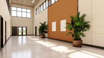 Sustainability and project funding business  investment concept. A modern, spacious hallway featuring large windows, potted plants, and bare wall sections, creating a bright and inviting atmosphere.