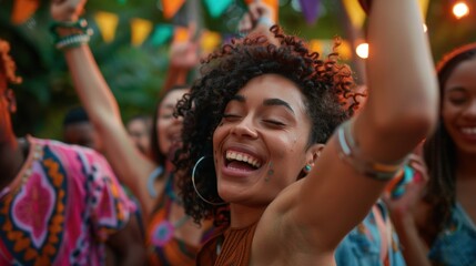 A group of friends attending a sober festival dancing and laughing together while listening to live music and celebrating their clean and sober lifestyle.