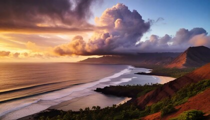 Fototapeta premium Volcanic Ash Clouds Rising Over a Vibrant Tropical Coastline, Captured Against a Serene Ocean Horizon at Sunrise for a Breathtaking Nature Landscape