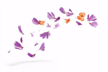 Purple and Orange Flower Petals Falling on White Background - Delicate Floral Photography