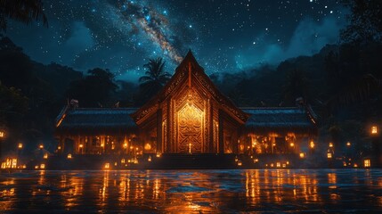Fototapeta premium Experience the rich heritage of a maori meeting house adorned with traditional carvings under the starlit sky