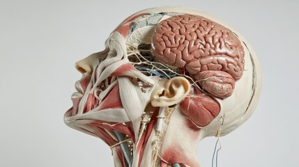 Fototapeta premium A detailed anatomical model displays the human head's intricate systems of muscles, veins, and brain, ideal for educational purposes.