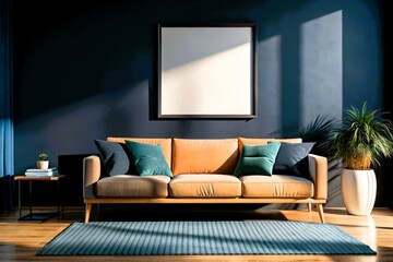 Contemporary interior design, living room wall mockup featuring elegant furniture and minimalist decor, with a neutral color palette and natural lighting