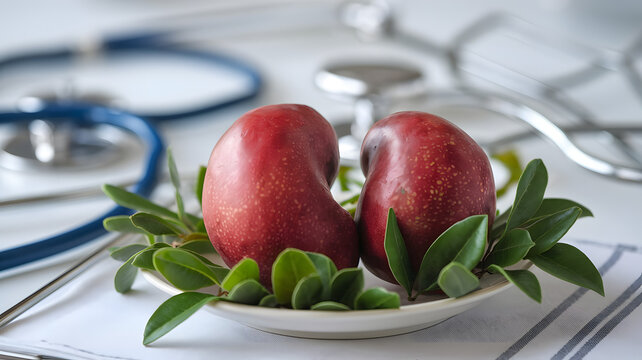 Healthy kidney-shaped fruit on white plate with fresh green leaves, symbolizing kidney health and wellness, surrounded by medical instruments.