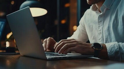 Focused Businessman Engaged in Digital Project Development While Working on Laptop in Cozy Office Environment at Night