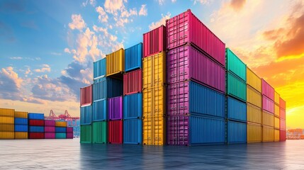 Fototapeta premium Colorful Containers Stacked at Busy Port in Morning Light