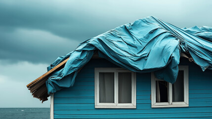A blue house covered with a large damaged tarp due to storm damage, with broken windows against a cloudy sky background.