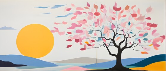 Abstract minimalist spring scene with a single, sharp silhouette of a blooming tree on a vast light grey canvas, with subtle color gradients hinting at spring freshness