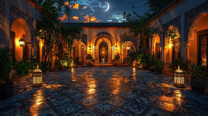 Experience the enchantment of a moroccan courtyard adorned with patterned lamps casting mesmerizing shadows