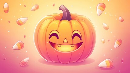 Smiling pumpkin with candy corn on a colorful background.
