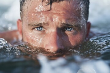 A man faces the waves head-on, his piercing eyes and confident posture expressing an unyielding optimism and strength, embodied in a maritime adventure moment.