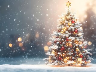 Obraz premium Snowy Christmas Tree with Golden Star and Colorful Ornaments Amidst Soft Snowfall and Warm Bokeh Lights in a Winter Wonderland Scene