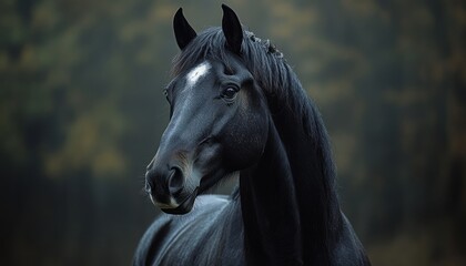 Fototapeta premium Majestic black horse standing proudly amidst a misty forest at dusk