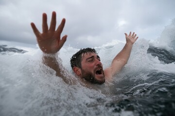 A man distressingly struggles against the overpowering waves of the sea, his expression and outstretched arms depicting a desperate plea, amid tumultuous waters.