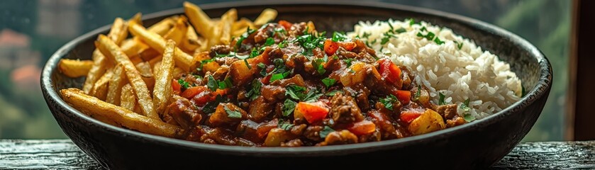 Savor the flavor of peruvian lomo saltado served with rice and crispy fries
