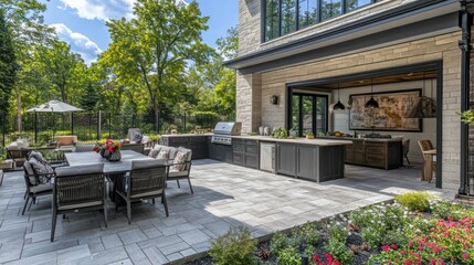 Outdoor Patio Dining Area with Modern Kitchen and Brick Wall