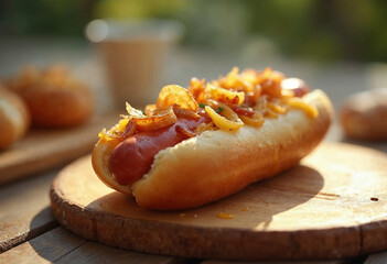 Gourmet Hot Dog Topped With Crispy Onions on a Wooden Board