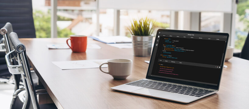 Software development programming on computer screen for modish application and program coding