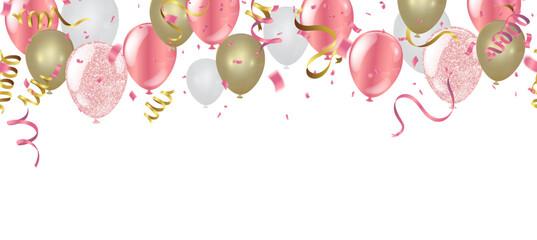 Set of pink, white transparent with confetti helium balloon isolated in the air.for birthday, anniversary, celebration, event design. Vector illustration.Seamless left and right © Sompong