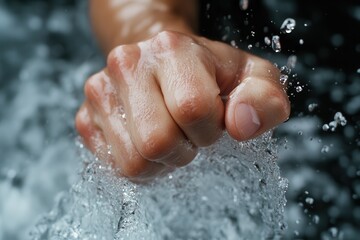 Fototapeta premium A clenched fist breaking through the water surface, capturing energy and power. This image symbolizes strength, resilience, and determination.