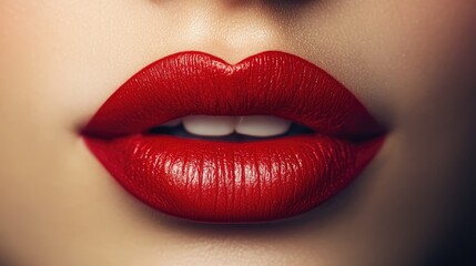 Close up of vibrant red lips adorned with lipstick