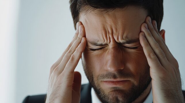 Businessman experiences intense headache gripping his head with both hands and shutting his eyes in discomfort Close up portrait on a white background