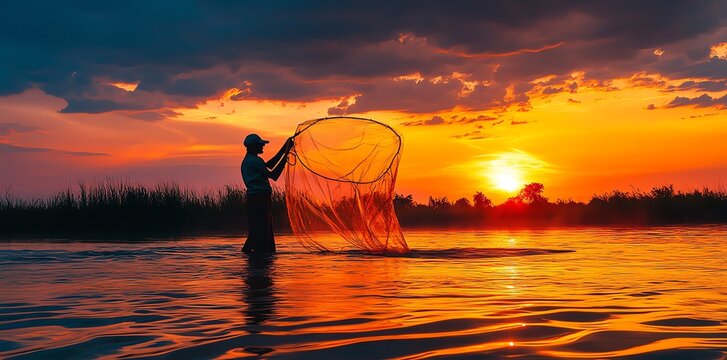 Silhouette of fisherman casting net into a lake at sunset.