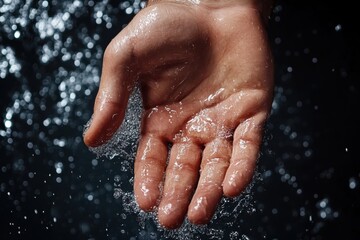 Fototapeta premium A hand is open with water glistening off the surface, contrasting beautifully against a dark backdrop, highlighting the serene and refreshing nature of water.