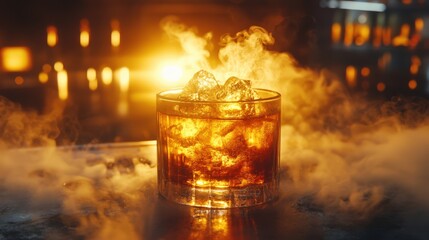 Luxurious Whiskey Glass with Ice and Smoky Atmosphere at Sunset