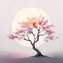 Fototapeta premium Abstract minimalist spring scene with a single, sharp silhouette of a blooming tree on a vast light grey canvas, with subtle color gradients hinting at spring freshness