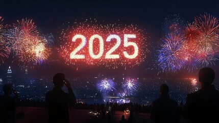 A vibrant New Year's Eve celebration featuring fireworks illuminating the sky, marking the countdown to 2025 with joy and excitement.