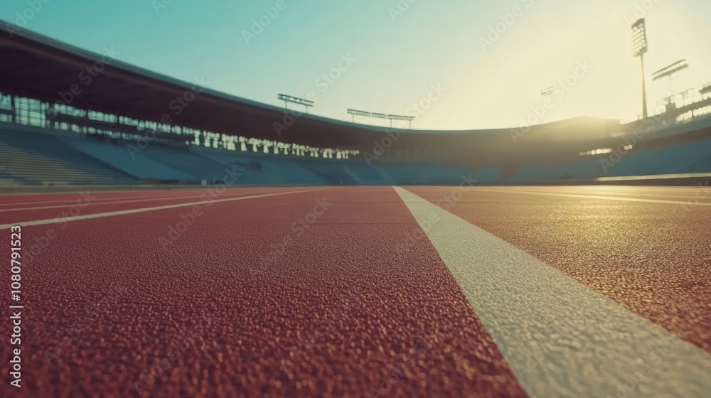Aufkleber Ground level view of a red running track starting line with a large stadium and setting sun in the background, creating a dramatic and inspiring sports scene