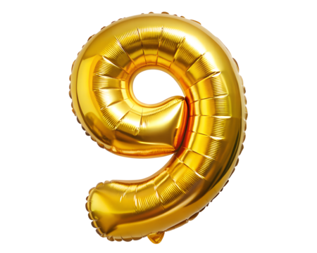 golden foil balloon for birthday in the shape of the number  9  , isolated on the white background