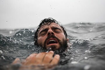A bearded man appears to be struggling to stay afloat, his head partially submerged in tumultuous ocean waves, capturing a moment of tension and perseverance.
