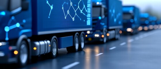 Blue delivery trucks lined up on a city road during dusk with a tech-inspired design