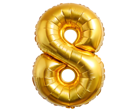 golden foil balloon for birthday in the shape of the number  8  , isolated on the white background
