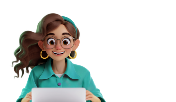 3D cartoon style of happy smiling woman working at the desk in modern office. copy space.
