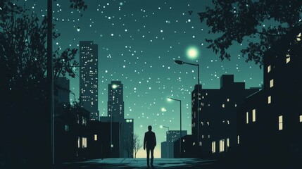 Fototapeta premium Silhouette of person under starry urban night sky.