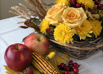 Golden Rose Autumn Arrangement with Red Apples, Chrysanthemums & Corn Husks – Rustic Harvest Display in High-Definition Still Life