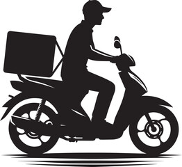 Fototapeta premium Delivery man on scooter with package silhouette vector illustration on white background