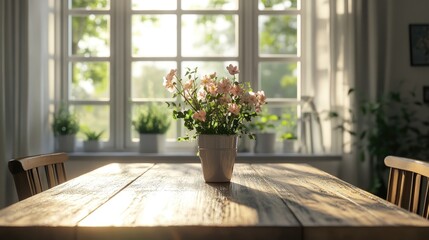 Wooden kitchen table adorned with flowers featuring elegant windows and ample copy space