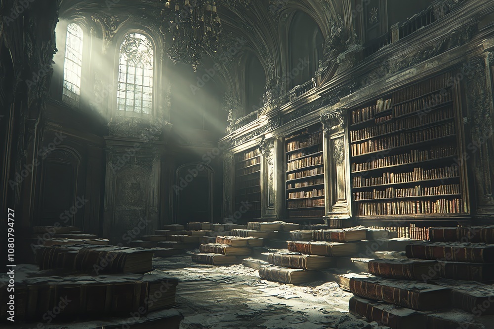 Poster Sunbeams illuminate an abandoned, dusty library with rows of bookshelves and stacks of books on the floor.