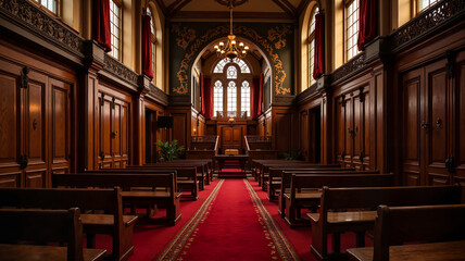 Fototapeta premium Interior of ornate church with red carpet aisle