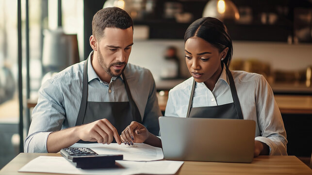 Two young cafe owners doing bookkeeping, calculating expenses and revenues